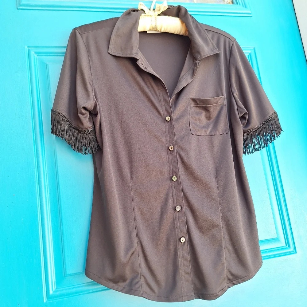 Vintage Blouse Fringe Sleeves Button Down Fitted Top Exagerated Flowy Trim M - Picture 6 of 17